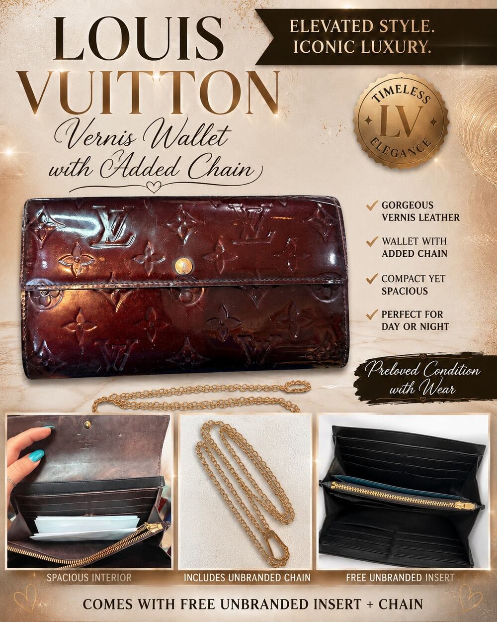 LS046 Louis Vuitton Dark Burgundy Vernis Sarah Wallet*Includes insert and chain